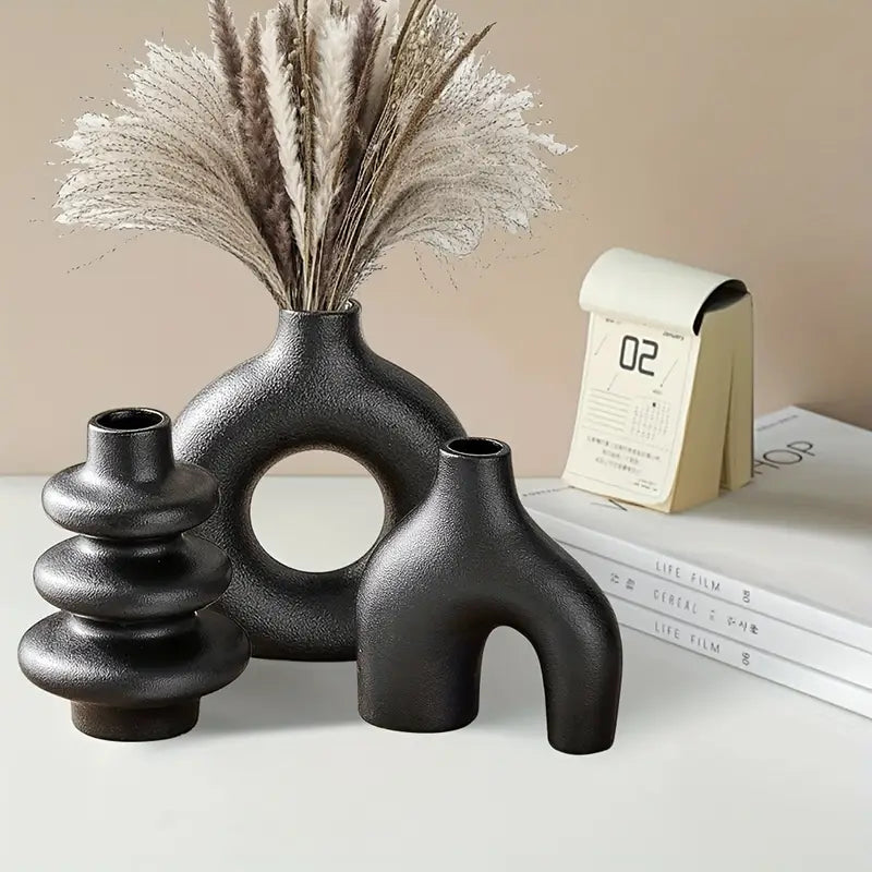 3PC Matte Black Vase Set