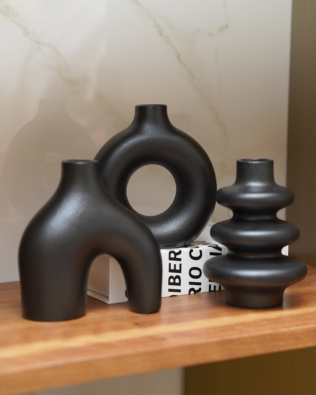 3PC Matte Black Vase Set