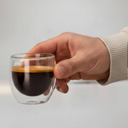 Chez Moi 4pc 80ml double wall glass espresso cups with rich crema, ideal for small coffee shots.
