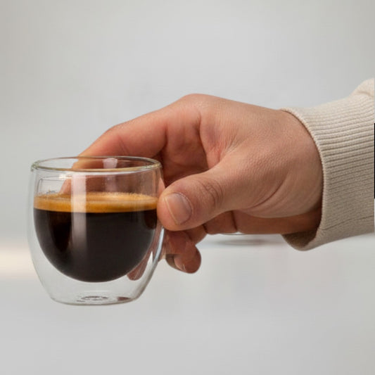 Chez Moi 4pc 80ml double wall glass espresso cups with rich crema, ideal for small coffee shots.