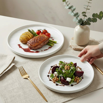Chez Moi 2pc white glossy ceramic plates with stone-like texture, 20cm and 25cm, dishwasher safe.