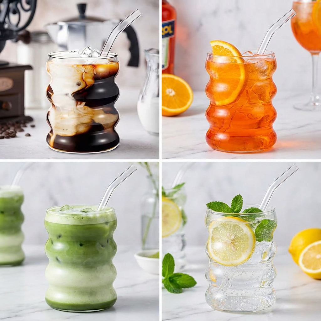 6pc Glass Cups + Straws