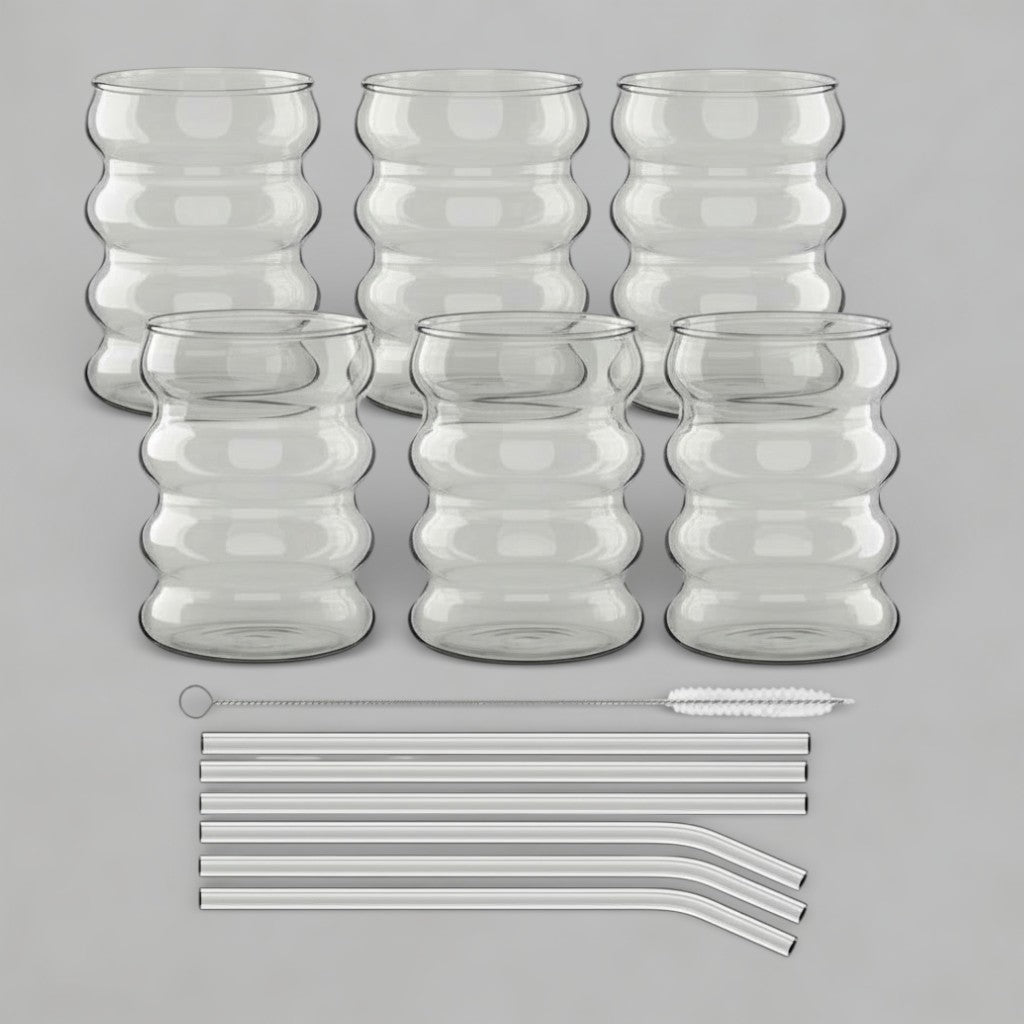 6pc Glass Cups + Straws