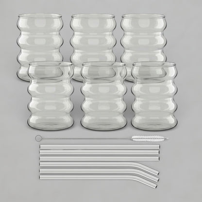 6pc Glass Cups + Straws